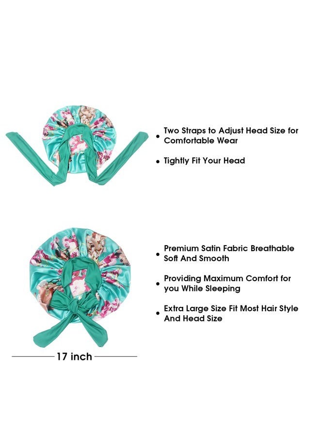 Hanbertti Silk Satin Hair Bonnet Sleeping Hat With Stretch Tie Band, Adjustable Bonnet for Curly Hair - 2 Pack (Black+Green Flower) - Image 5
