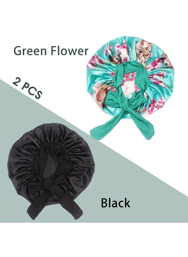 Hanbertti Silk Satin Hair Bonnet Sleeping Hat With Stretch Tie Band, Adjustable Bonnet for Curly Hair - 2 Pack (Black+Green Flower) - Image 3
