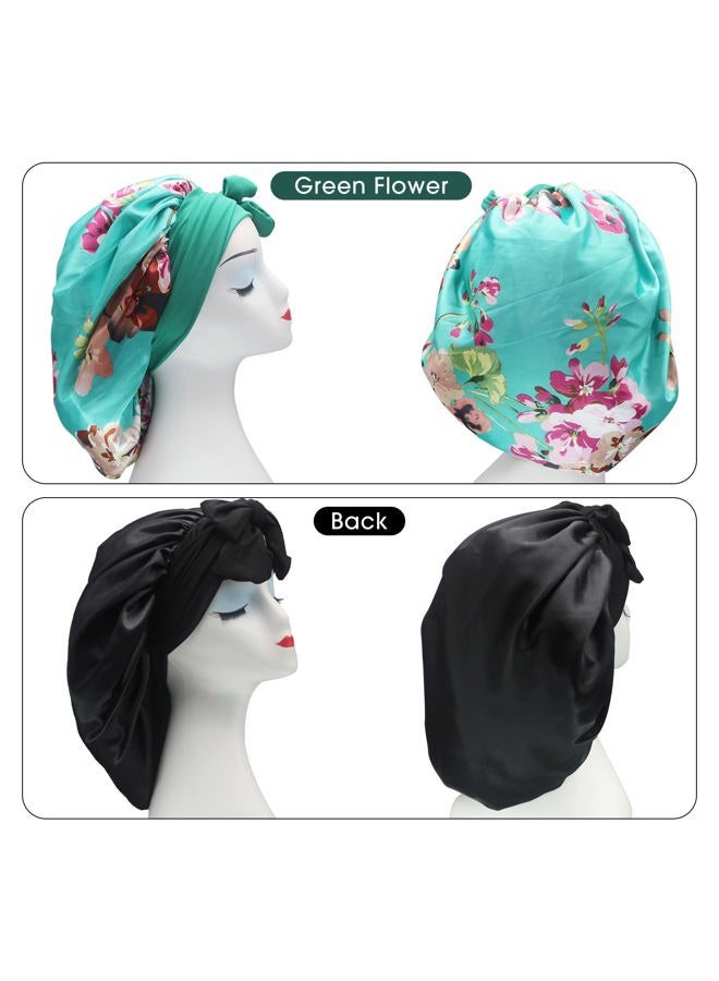 Hanbertti Silk Satin Hair Bonnet Sleeping Hat With Stretch Tie Band, Adjustable Bonnet for Curly Hair - 2 Pack (Black+Green Flower) - Image 2