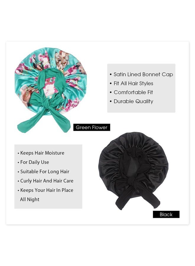 Hanbertti Silk Satin Hair Bonnet Sleeping Hat With Stretch Tie Band, Adjustable Bonnet for Curly Hair - 2 Pack (Black+Green Flower) - Image 4
