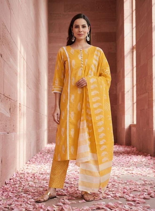 Yuris Women Yellow Paisley Printed Pure Cotton Kurta with Trousers  With Dupatta - Image 1