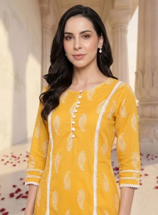 Yuris Yuris Women Yellow Paisley Printed Pure Cotton Kurta with Trousers  With Dupatta