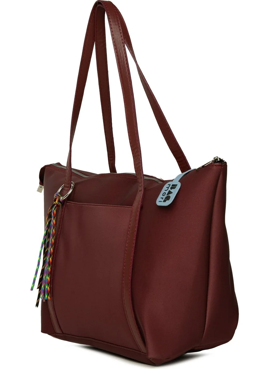 Bagmori Burgundy Color Tassel Detailed Satin Tote Bag