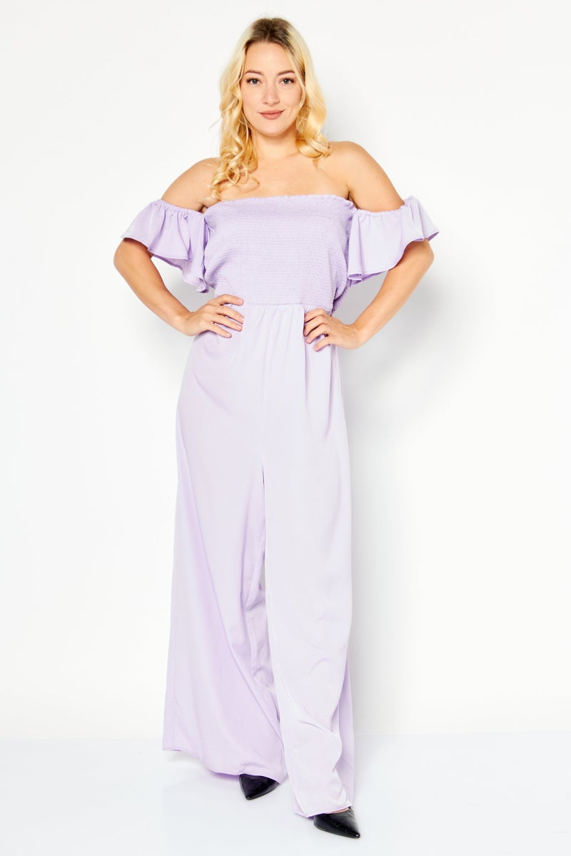 Riley & Rae Women Off Shoulder Ruffle Sleeve Jumpsuit, Lilac - Image 1