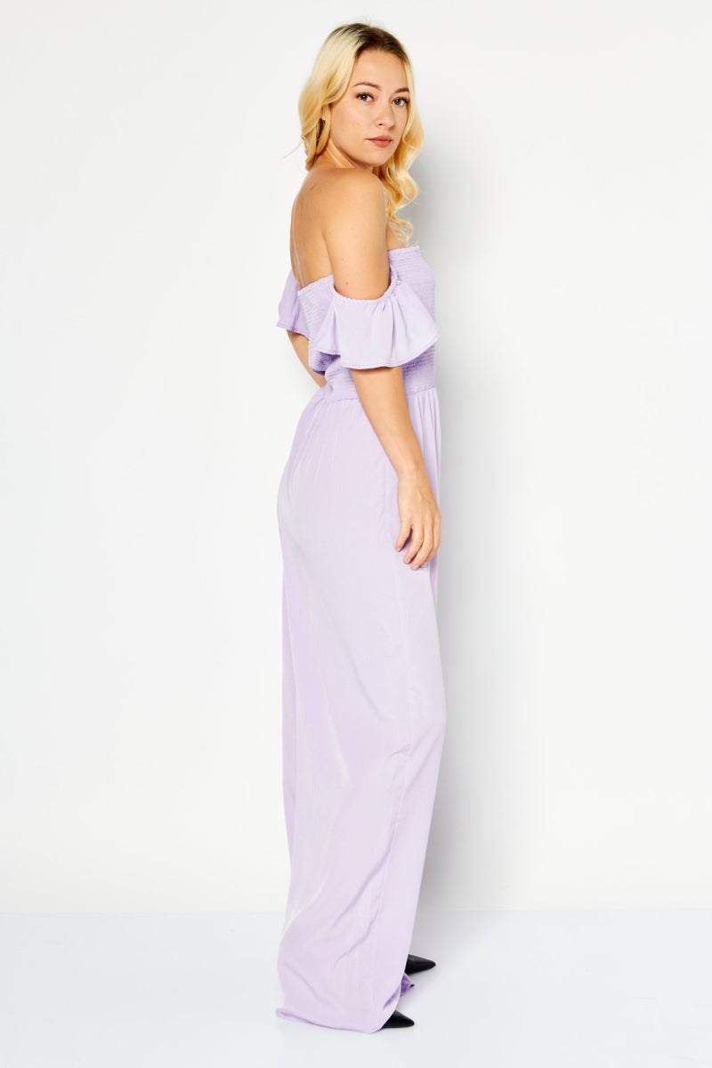 Riley & Rae Women Off Shoulder Ruffle Sleeve Jumpsuit, Lilac - Image 3