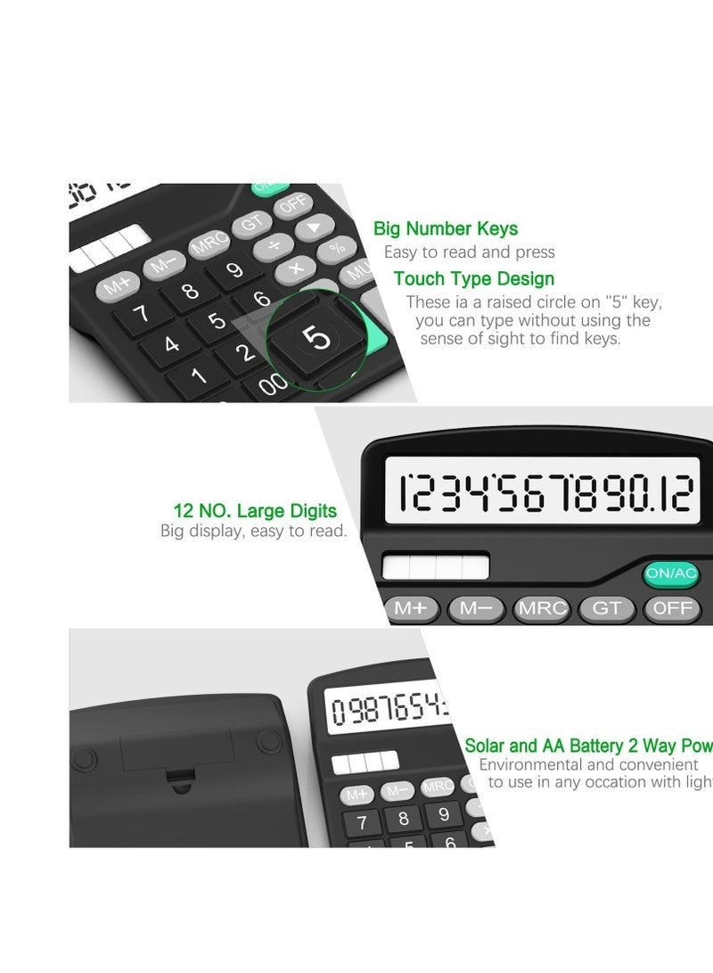 KASTWAVE 2 Pack Standard Function Calculator, Solar & Battery Power 12 Digit Display Big Button Desktop Calculators, Suitable for Home and Office (Black) - Image 3