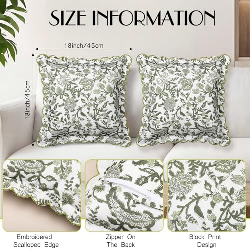 BrightRow 2 Pcs Scalloped Floral Block Print Pillow Cover 18 x 18 Inch Scallop Pillow Cover Grandmillennial Style Indoor Outdoor Scalloped Throw Home DecorElegant - Image 3