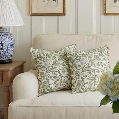 BrightRow 2 Pcs Scalloped Floral Block Print Pillow Cover 18 x 18 Inch Scallop Pillow Cover Grandmillennial Style Indoor Outdoor Scalloped Throw Home DecorElegant - Image 1