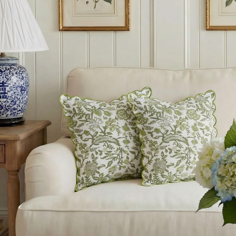 BrightRow 2 Pcs Scalloped Floral Block Print Pillow Cover 18 x 18 Inch Scallop Pillow Cover Grandmillennial Style Indoor Outdoor Scalloped Throw Home DecorElegant - Image 2