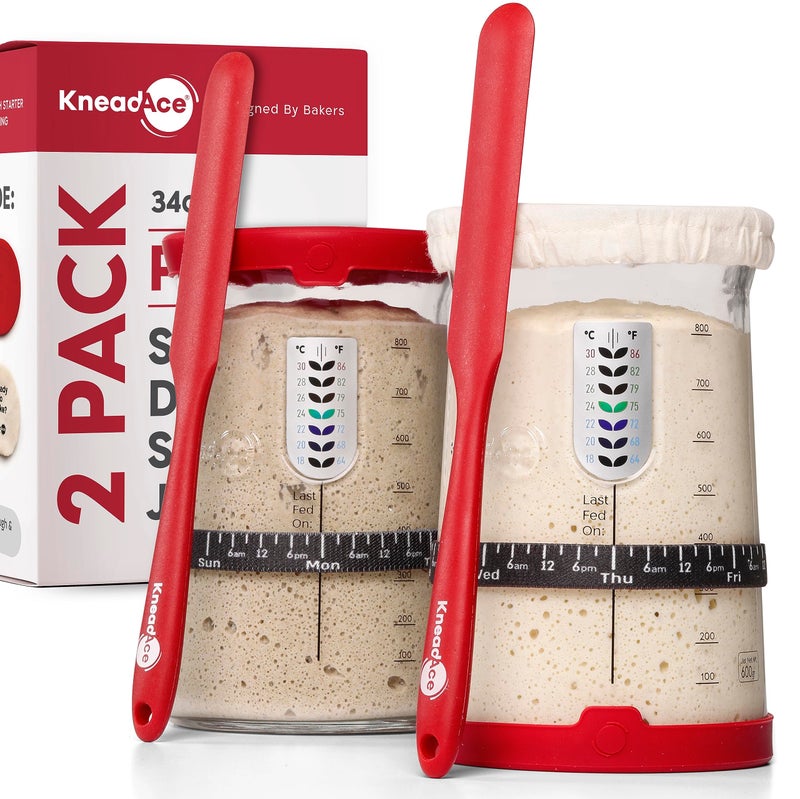 KneadAce Pro Sourdough Starter Kit  34oz Large Capacity Sourdough Starter Jar with Lid  Tracker Fermenters Tool for Home Bakers Bread Baking Supplies and Gifts for Bakers
