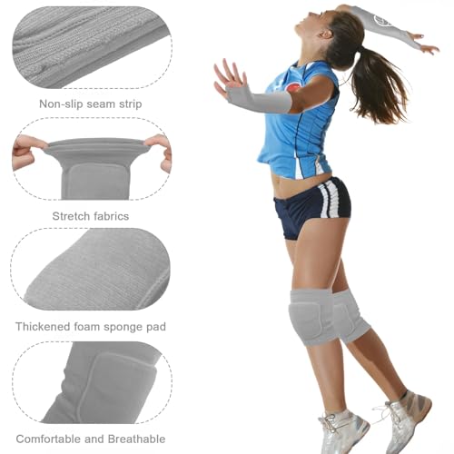 Sosation 2 Set Volleyball Knee Pads and Volleyball Arm Sleeves with Protection Pad Compression Forearm Wrist Guard with Thumb Hole Soft Breathable for Hitting Passing(Black, Gray) - Image 4