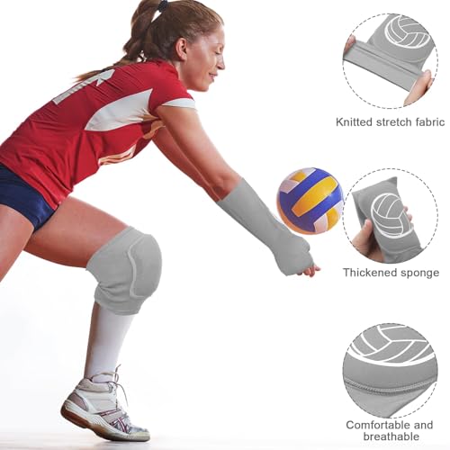 Sosation 2 Set Volleyball Knee Pads and Volleyball Arm Sleeves with Protection Pad Compression Forearm Wrist Guard with Thumb Hole Soft Breathable for Hitting Passing(Black, Gray) - Image 3