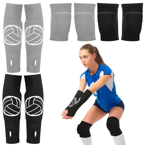 Sosation 2 Set Volleyball Knee Pads and Volleyball Arm Sleeves with Protection Pad Compression Forearm Wrist Guard with Thumb Hole Soft Breathable for Hitting Passing(Black, Gray) - Image 1