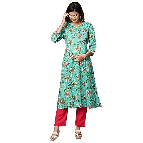 MomToBe Women Cotton Classic Wome's A-Line Maternity Kurti/Pregnancy Dress/Easy Breastfeeding Kurta With Zippers/Maternity Dress With Zippers For Nursing Pre And Post Pregnancy (Persian Green ; M) - Image 1