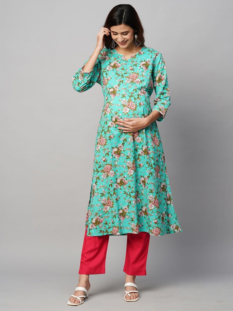 MomToBe Women Cotton Classic Wome's A-Line Maternity Kurti/Pregnancy Dress/Easy Breastfeeding Kurta With Zippers/Maternity Dress With Zippers For Nursing Pre And Post Pregnancy (Persian Green ; M) - Image 2