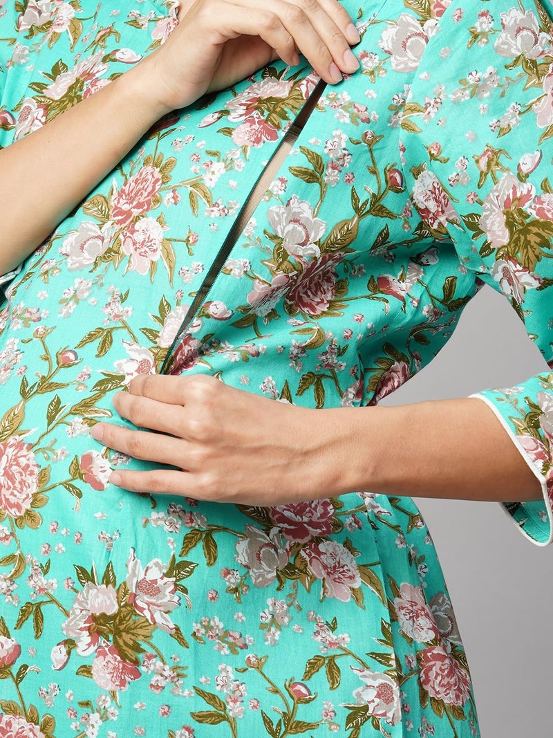 MomToBe Women Cotton Classic Wome's A-Line Maternity Kurti/Pregnancy Dress/Easy Breastfeeding Kurta With Zippers/Maternity Dress With Zippers For Nursing Pre And Post Pregnancy (Persian Green ; M) - Image 5