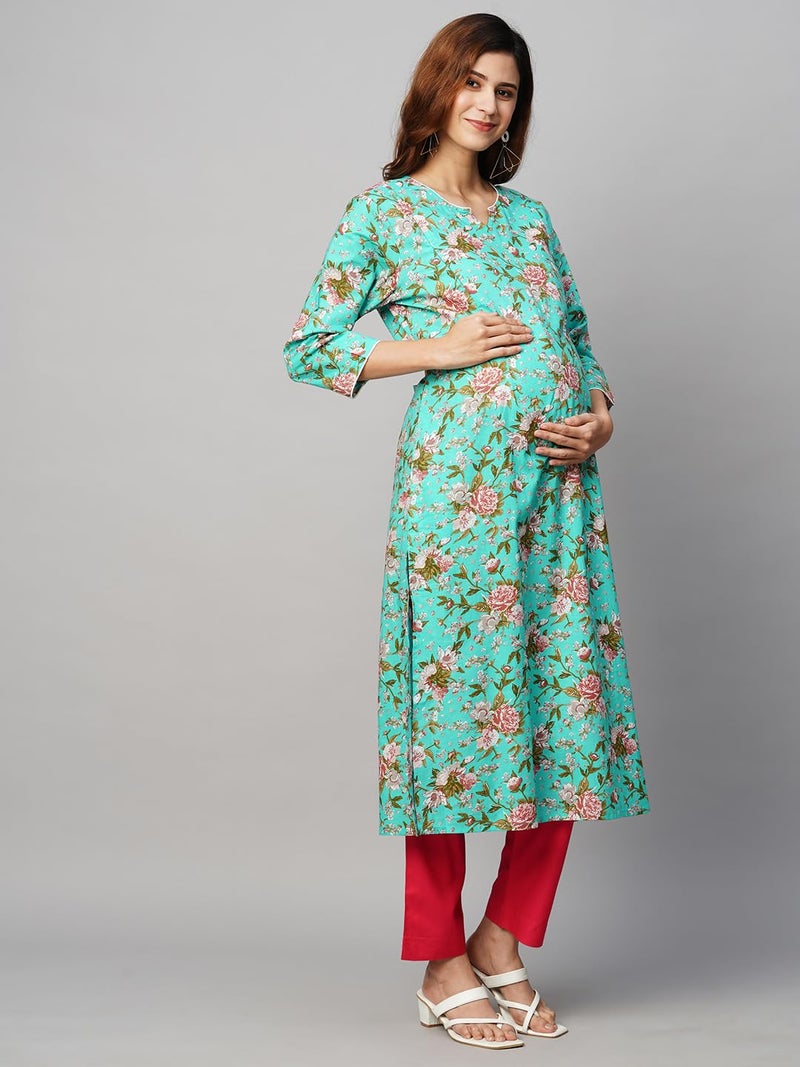 MomToBe Women Cotton Classic Wome's A-Line Maternity Kurti/Pregnancy Dress/Easy Breastfeeding Kurta With Zippers/Maternity Dress With Zippers For Nursing Pre And Post Pregnancy (Persian Green ; M) - Image 3