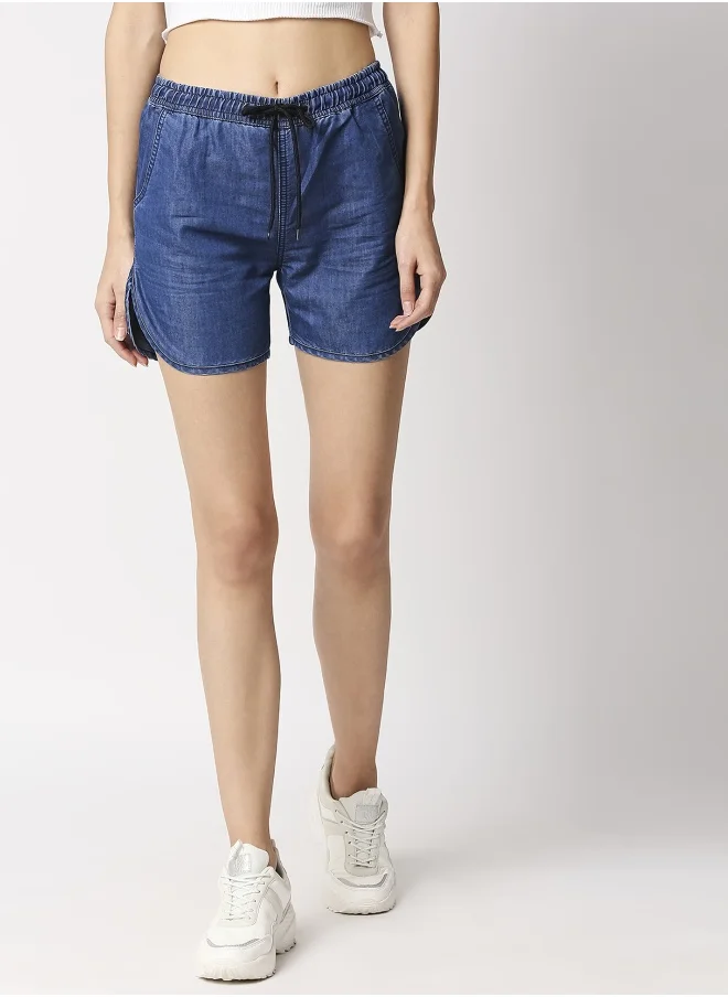 هاي ستار Women Navy Blue Washed Slim Fit Denim Shorts