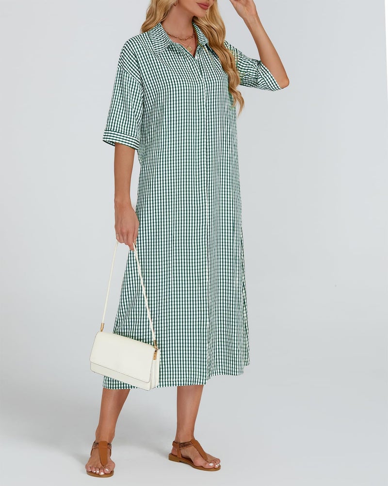 YEXPINE Women's Half Sleeve Plaid Midi Dress Collar V Neck Belted Casual Button Down Long Loose Dress Green - Image 5