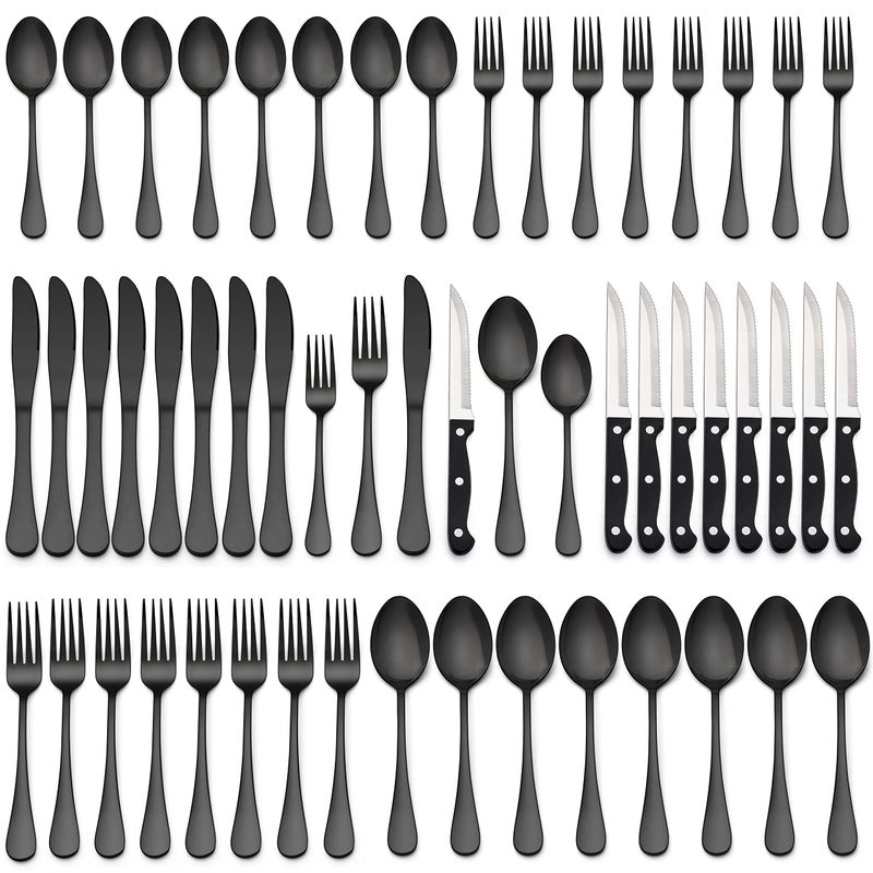 LIANYU 48Piece Black Silverware Set with Steak Knives Stainless Steel Flatware Cutlery Set for 8 Modern Eating Utensils Tableware Mirror Finish Dishwasher Safe