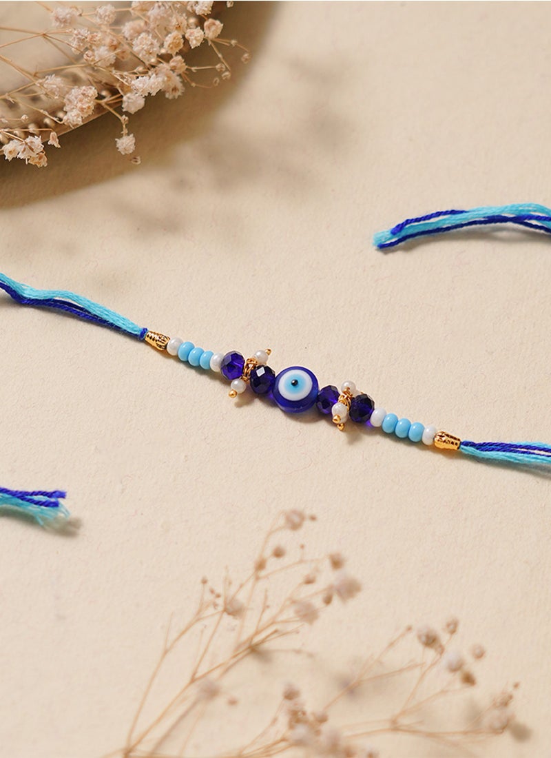 Madhoor Evil Eye Triple Rakhi for Brother Blue Designer Raksha Bandhan Thread ,Premium Handmade ,1 Piece-40 CM - Image 1