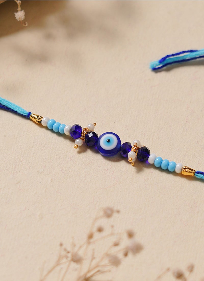 Madhoor Evil Eye Triple Rakhi for Brother Blue Designer Raksha Bandhan Thread ,Premium Handmade ,1 Piece-40 CM - Image 2