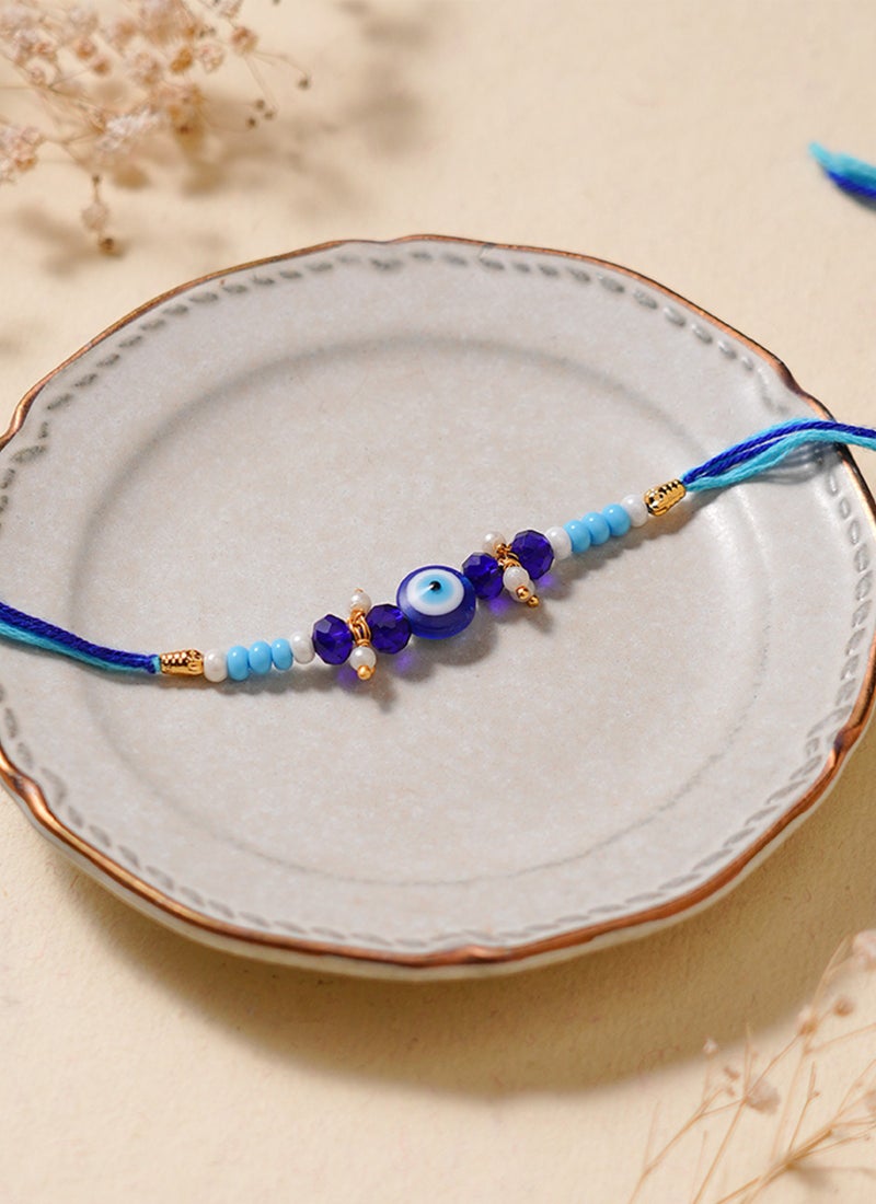 Madhoor Evil Eye Triple Rakhi for Brother Blue Designer Raksha Bandhan Thread ,Premium Handmade ,1 Piece-40 CM - Image 3