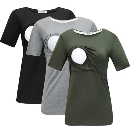 Bearsland Women's Maternity Nursing Tops Modal Comfy Short Sleeve Breastfeeding Clothes,blackgraygreen,L - Image 1