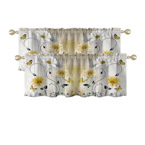 AAtter Yellow Floral Kitchen Valances Curtains for Window Farmhouse Vintage Rustic Retro Flower Fun Small Short Home Living Room Bedroom Bathroom Rod Pocket Drape Fabric 2 Piece, 52" W x 18" L*2, Cute - Image 1