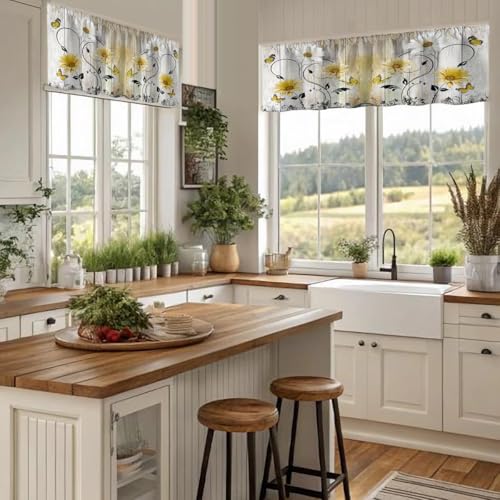 AAtter Yellow Floral Kitchen Valances Curtains for Window Farmhouse Vintage Rustic Retro Flower Fun Small Short Home Living Room Bedroom Bathroom Rod Pocket Drape Fabric 2 Piece, 52" W x 18" L*2, Cute - Image 2