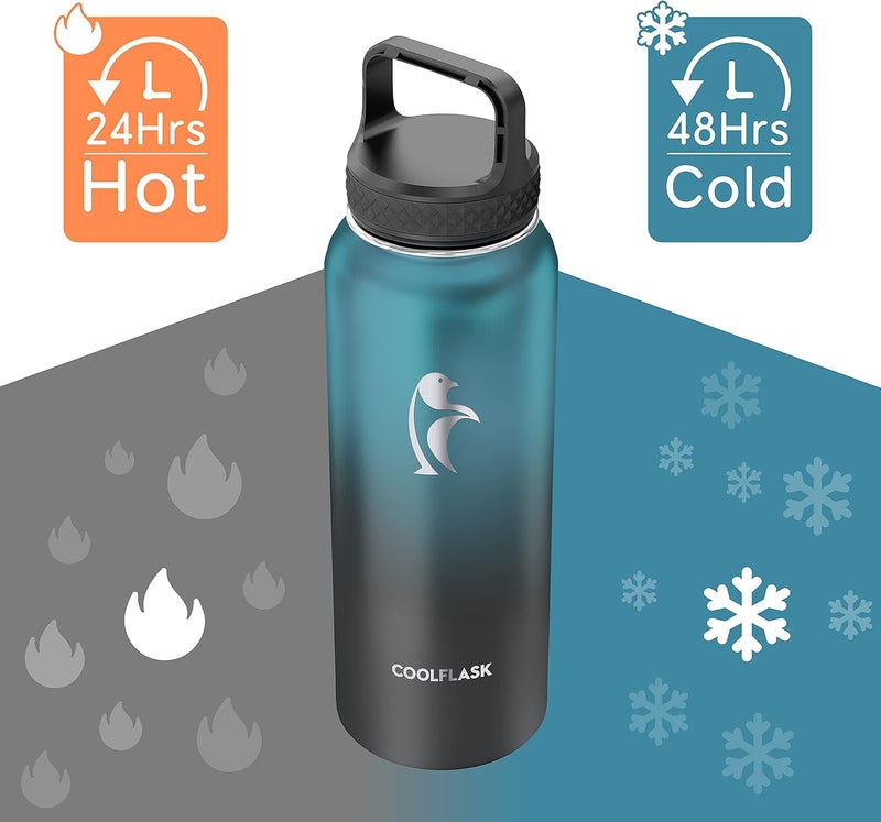 Coolflask 1180ml Insulated Water Bottle with Straw & 3 Lids, Metal Water Bottle for Sports or Office, Double Vacuum Leak Proof Cold and Hot Water Bottle, Easy to Clean, Indigo Black - Image 3