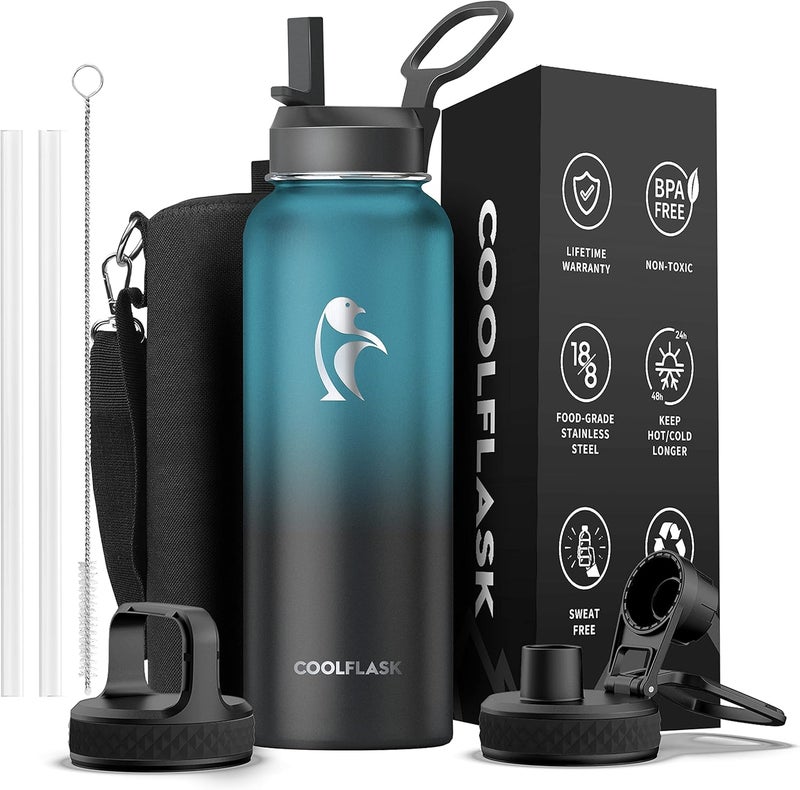 Coolflask 1180ml Insulated Water Bottle with Straw & 3 Lids, Metal Water Bottle for Sports or Office, Double Vacuum Leak Proof Cold and Hot Water Bottle, Easy to Clean, Indigo Black - Image 1