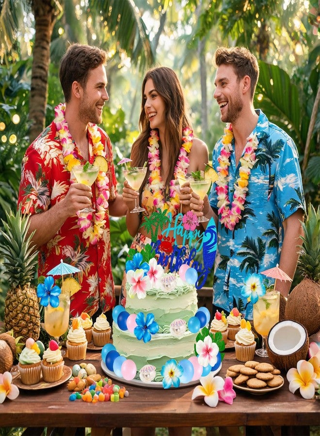 Zaycca 32PCS Pink Blue Cake Toppers, Hawaiian Tropical Cake Decorations with Happy Birthday Topper, Luau Aloha Beach Theme Cake and Cupcake Toppers for Birthday Party, Summer Party, Baby Shower Dessert Decor - Image 4