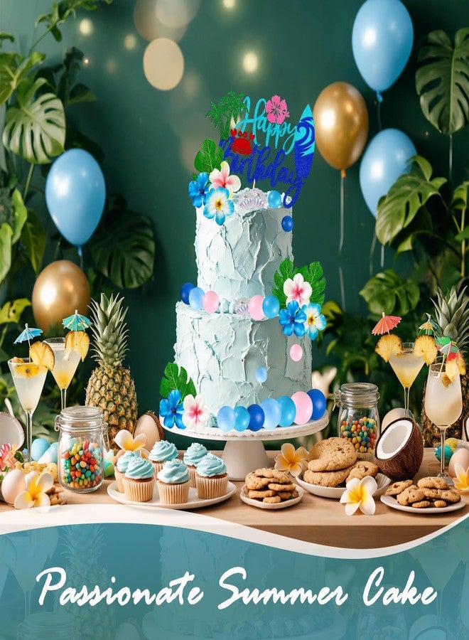 Zaycca 32PCS Pink Blue Cake Toppers, Hawaiian Tropical Cake Decorations with Happy Birthday Topper, Luau Aloha Beach Theme Cake and Cupcake Toppers for Birthday Party, Summer Party, Baby Shower Dessert Decor - Image 2