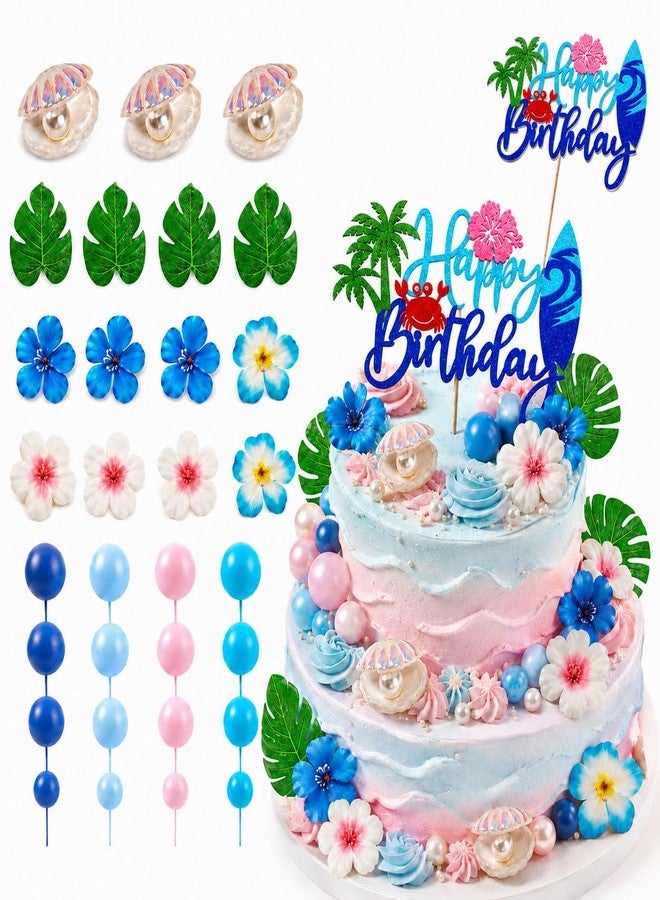 Zaycca 32PCS Pink Blue Cake Toppers, Hawaiian Tropical Cake Decorations with Happy Birthday Topper, Luau Aloha Beach Theme Cake and Cupcake Toppers for Birthday Party, Summer Party, Baby Shower Dessert Decor - Image 1