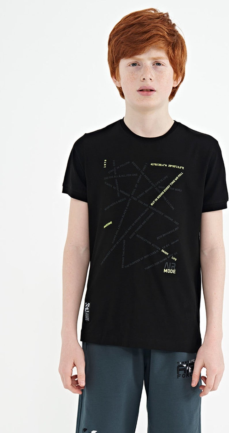 Tommy Life Black Minimal Text Printed Standard Pattern O Neck Boy T-Shirt - 11132 - Image 1