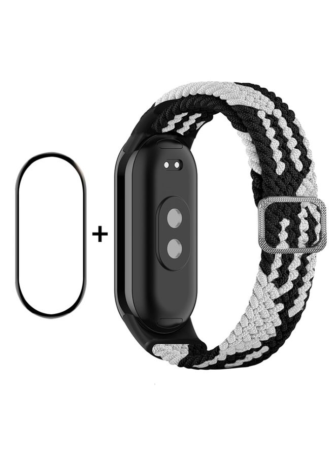 Replacement Strap For Xiaomi Mi Band 8 ENKAY Hat-Prince 2 in 1 Set Full Coverage Screen Protector + Elastic Braided Nylon Watch Band Black White