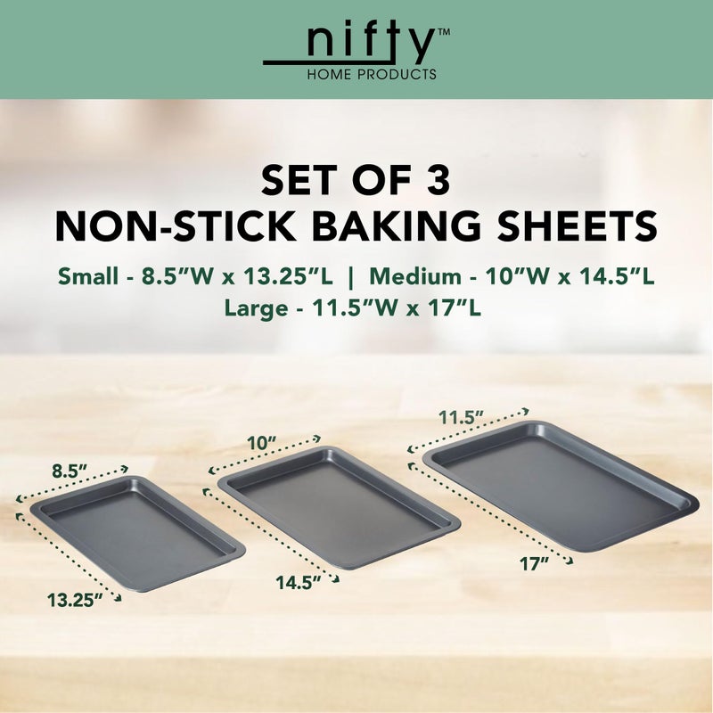 Nifty Solutions Nifty Cookie & Baking Sheets (Set of 3) â€“ Non-Stick Coated Steel, Dishwasher Safe, Oven Safe up to 450 Degrees, includes Large/Med/Small Pans - Image 2