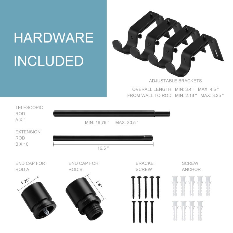 Byondeth Curtain Rods for Windows 16 to 170 Inches Adjustable Length 1 Inch Diameter Window Curtain Rod with Aluminium Finials, Black - Image 4
