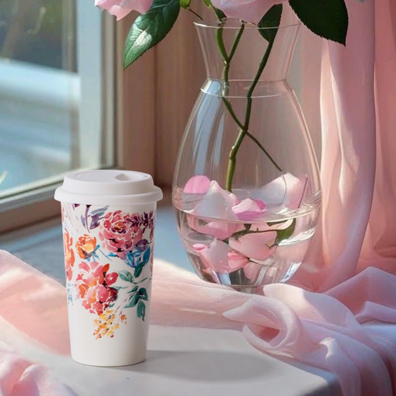 fMSDD Ceramic Coffee Travel Mug 12 Oz with Lid Spill & Leak Proof, Double-wall Insulated Travel Coffee Mugs Watercolor Peonies Pattern, Gift for Her on Christmas Birthday Mothers Day, White & Pink Flower - Image 5
