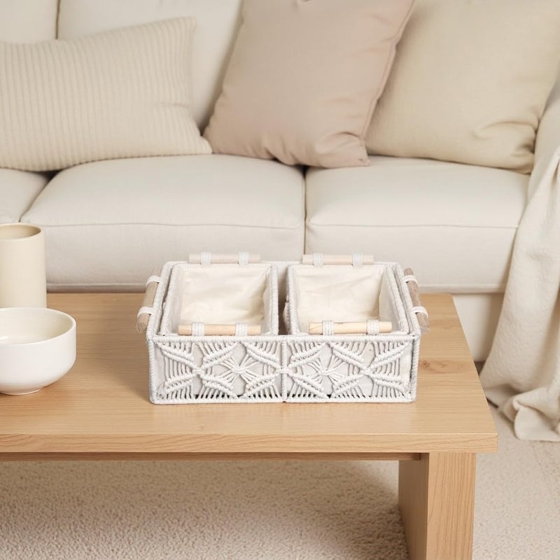 GIB cleaningtool GIB Macrame Storage Basket Boho Decor Boxes Small Woven Baskets for Organizing, Decorative Cute Rectangular Cube Storage Bins for Shelves Table Countertop Makeup Organizer, Set of 3 - Image 3