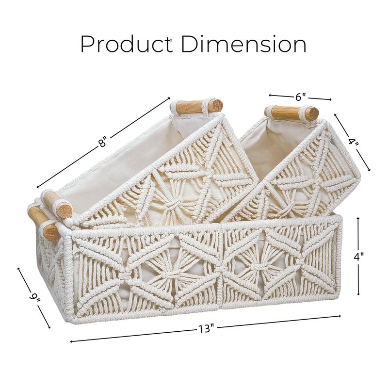 GIB cleaningtool GIB Macrame Storage Basket Boho Decor Boxes Small Woven Baskets for Organizing, Decorative Cute Rectangular Cube Storage Bins for Shelves Table Countertop Makeup Organizer, Set of 3 - Image 2