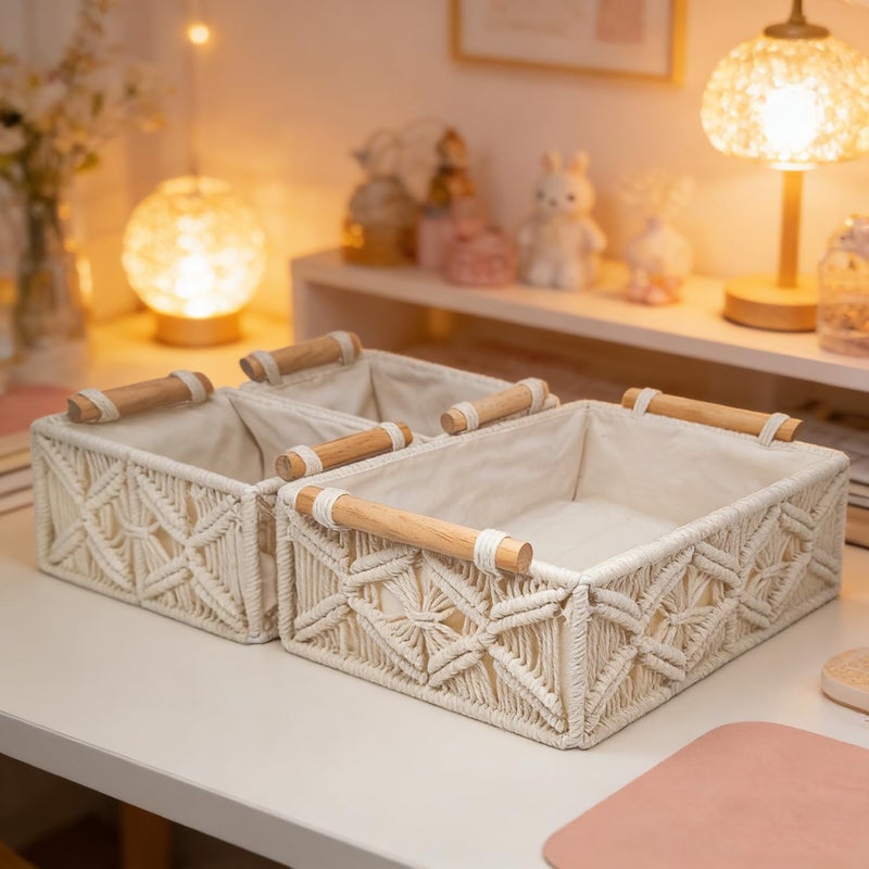GIB cleaningtool GIB Macrame Storage Basket Boho Decor Boxes Small Woven Baskets for Organizing, Decorative Cute Rectangular Cube Storage Bins for Shelves Table Countertop Makeup Organizer, Set of 3 - Image 5
