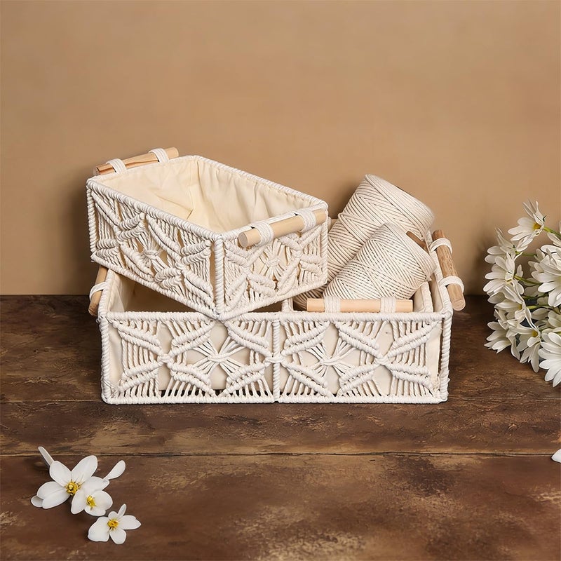 GIB cleaningtool GIB Macrame Storage Basket Boho Decor Boxes Small Woven Baskets for Organizing, Decorative Cute Rectangular Cube Storage Bins for Shelves Table Countertop Makeup Organizer, Set of 3 - Image 4