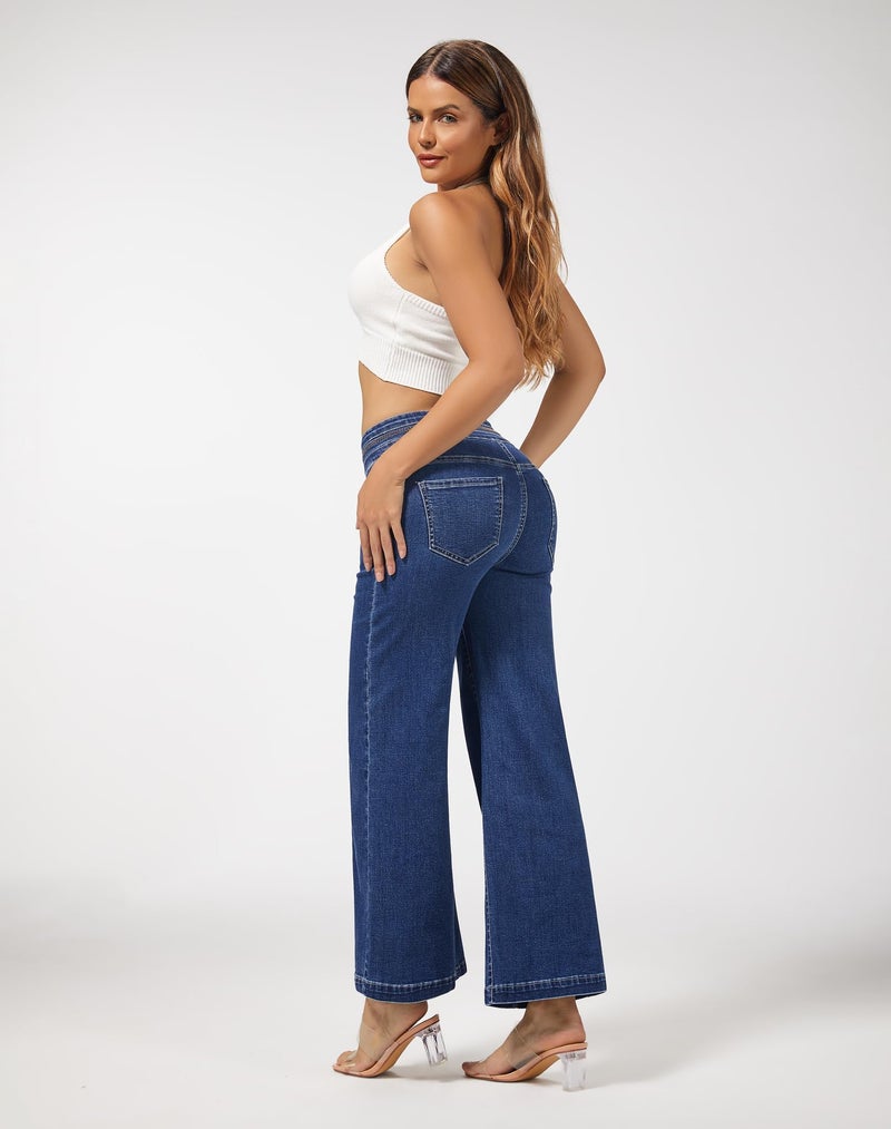 roswear Women's Wide Leg Petite Jeans High Waisted Stretchy Cropped Denim Pants Blue Medium - Image 3