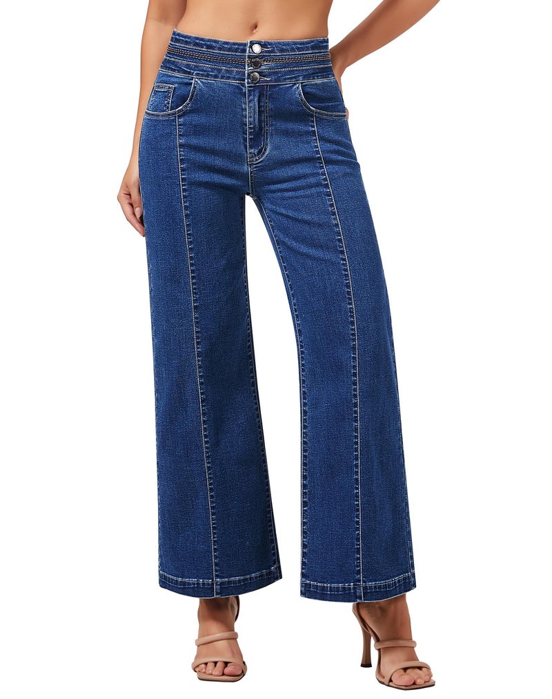 roswear Women's Wide Leg Petite Jeans High Waisted Stretchy Cropped Denim Pants Blue Medium - Image 1