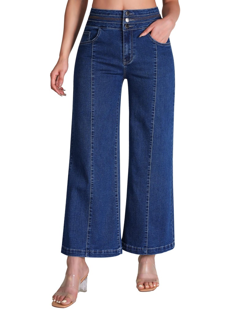 roswear Women's Wide Leg Petite Jeans High Waisted Stretchy Cropped Denim Pants Blue Medium - Image 5
