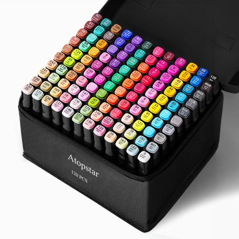 ATOPSTAR 120 Colors Alcohol Markers Artist Drawing Art Markers for Kids Dual Tip Markers for Adult Coloring Painting Supplies Perfect for Gift(120 Black Shell) - Image 1