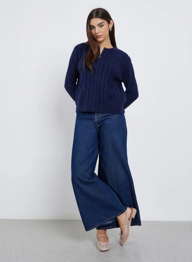 Styli Regular Fit Cable Knit Sweater with Zup-Up