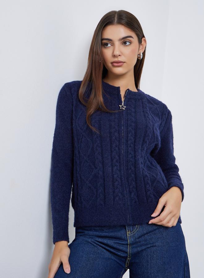 Styli Regular Fit Cable Knit Sweater with Zup-Up - Image 1